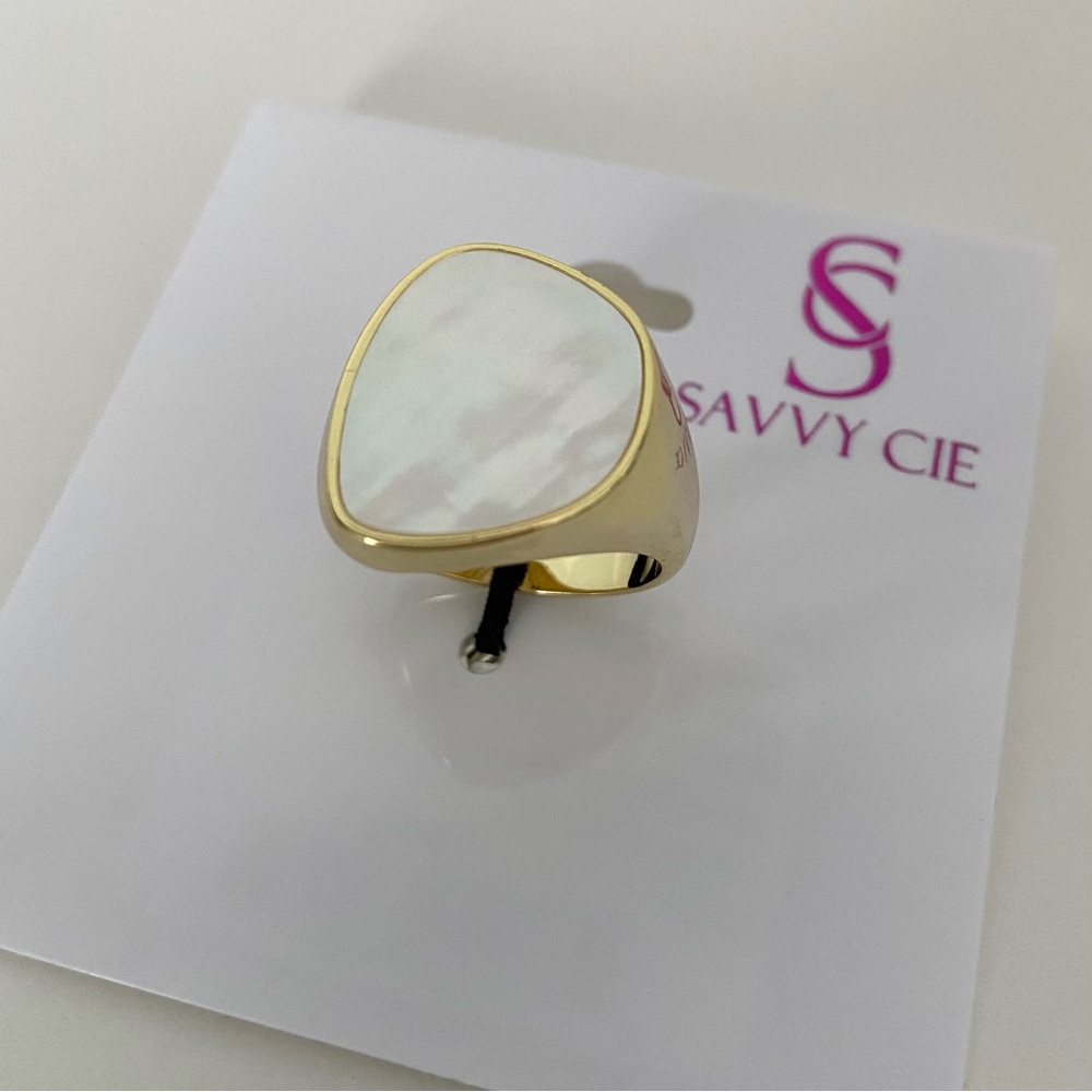 SAVVY CIE 18K Yellow Gold Plated Mother of Pearl Ring - Picture 3 of 6